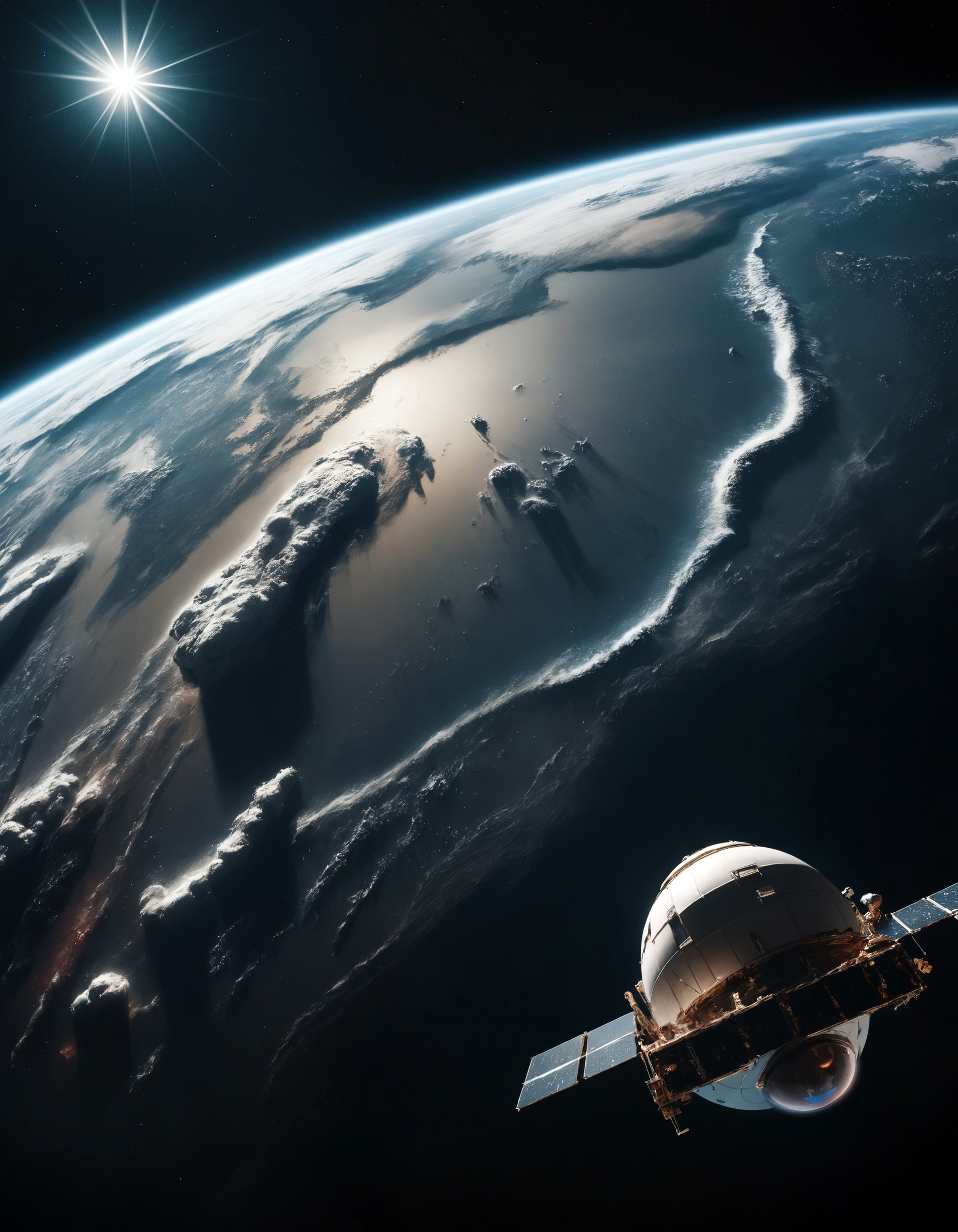 award winning shot of sattelite in space looking back at earth making an amospheric heavy scene, film grain, candid camera, color graded cinematic, RAW photo, 24mm lens