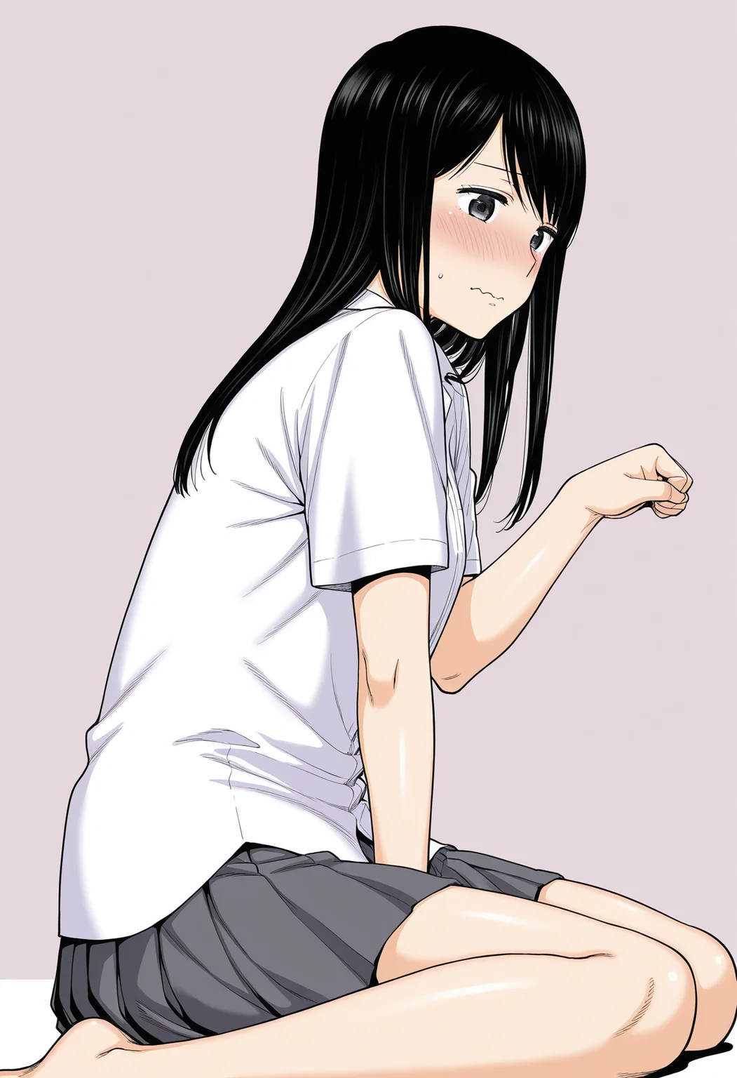 masterpiece, 1girl, solo, c-karami, lida, black hair, long hair, black eyes, collared shirt, short sleeves, untucked shirt, pleated skirt, grey skirt, paw pose, simple background, wariza, from side, hand between legs, blush, wavy mouth,