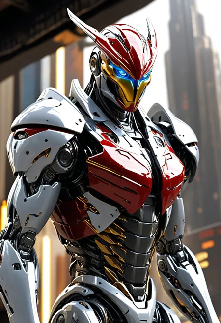 Visualize an epic war robot inspired by the form of a Garuda hawk, featuring a towering, muscular body adorned with vibrant Javan hawk colors that shimmer with rich golds, deep reds, and striking blacks. The armor is designed with sleek curves and powerful lines, creating an imposing yet agile appearance. The body is sleek and aerodynamic, with a broad chest and muscular limbs that emphasize its raw strength. The robot’s face resembles a futuristic Garuda hawk, with glowing eyes radiating an intimidating light, complemented by intricately designed wings integrated into its back. Both forearms house seamlessly integrated high-tech machine guns and rockets, ready to unleash bursts of gunfire. It is locked in a tense standoff with another war robot of equal size, sporting a contrasting vibrant color armor. The background is a chaotic alien cyberpunk city in ruins, filled with collapsing skyscrapers, explosions, and scattered debris, while alien spaceships hover in the sky. Dynamic lighting highlights the polished metal and the vivid colors, emphasizing the cinematic scene and the intense, thrilling moment of close combat. High detail captures the raw power of both robots as they prepare for battl