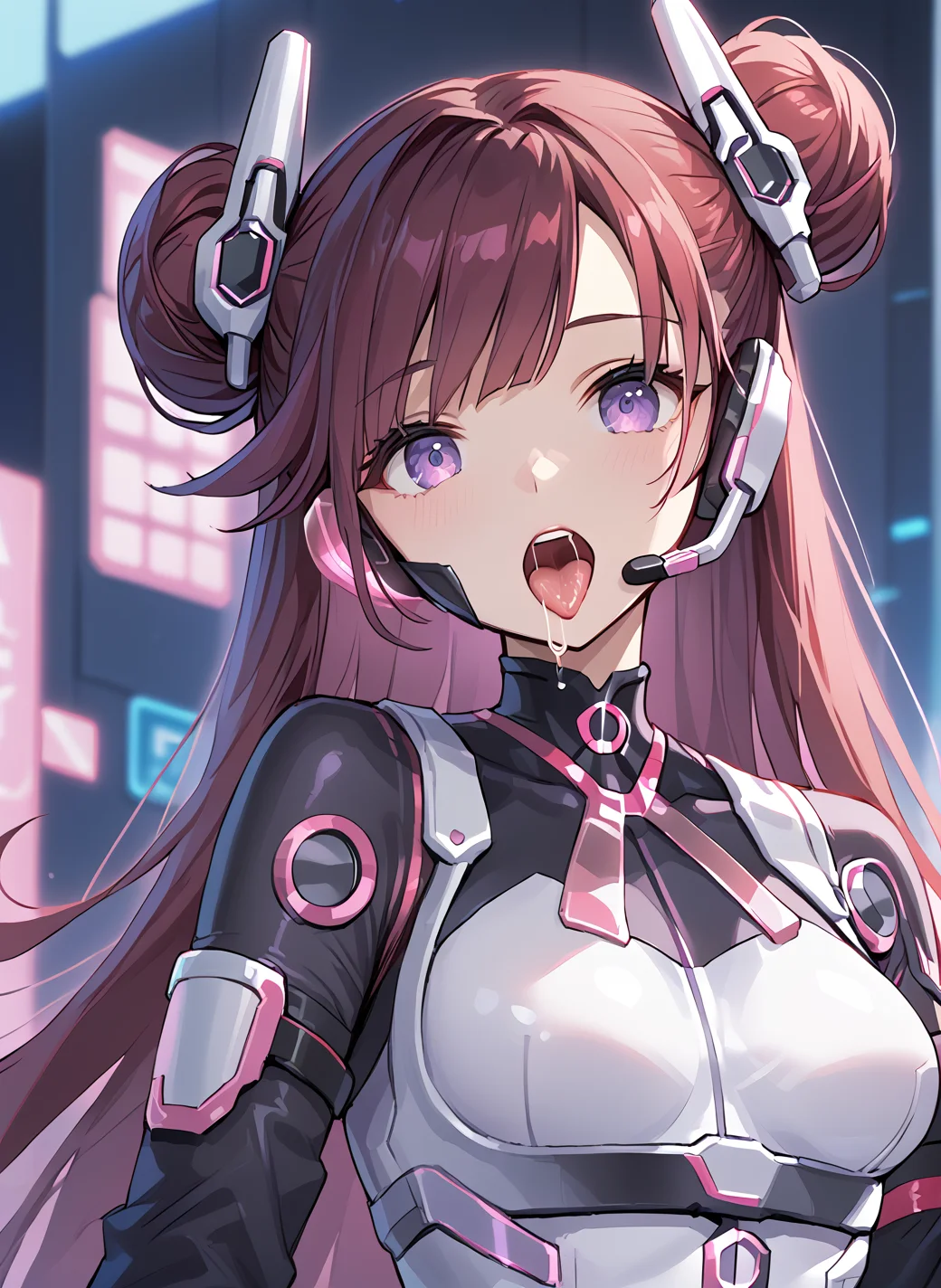 score_9_up, score_8_up, score_7_up,score_6_up,score_5, high quality,<lora:Backup operator v1:0.9>Backup operator,standing.1girl,Purple Eyes.   red hair,   very long hair, breasts, hair bun,  bodysuit.headset.Glowing tie<lora:add-detail-xl:1>face. close_up (face_focus:1.3),open_mouth. tongue_out.  saliva(detail mouth:1.3)
