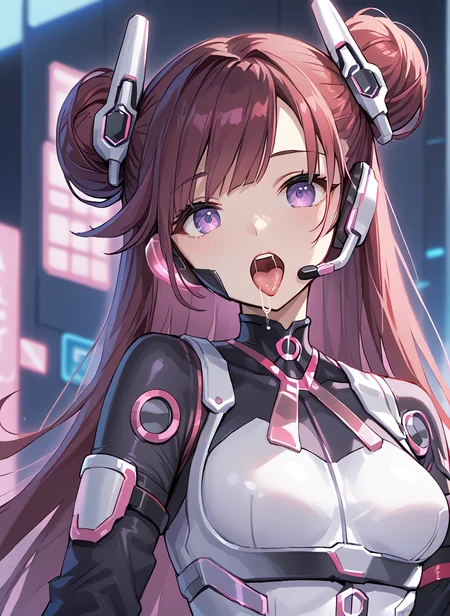 score_9_up, score_8_up, score_7_up,score_6_up,score_5, high quality,<lora:Backup operator v1:0.9>Backup operator,standing.1girl,Purple Eyes.   red hair,   very long hair, breasts, hair bun,  bodysuit.headset.Glowing tie<lora:add-detail-xl:1>face. close_up (face_focus:1.3),open_mouth. tongue_out.  saliva(detail mouth:1.3)