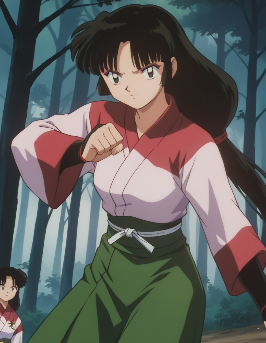 score_9, score_8_up, score_7_up, source_anime,
inuyashasango, <lora:inuyasha-sango-ponyxl-lora-nochekaiser:1>,
sango, long hair, black hair, brown eyes, retro artstyle,
long sleeves, japanese clothes, wide sleeves, kimono, green skirt, low-tied long hair,
outdoors, forest, nature,
looking at viewer, fighting stance,