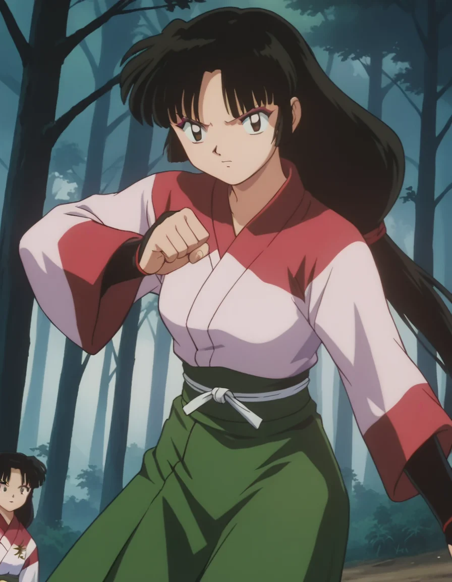 score_9, score_8_up, score_7_up, source_anime,
inuyashasango, <lora:inuyasha-sango-ponyxl-lora-nochekaiser:1>,
sango, long hair, black hair, brown eyes, retro artstyle,
long sleeves, japanese clothes, wide sleeves, kimono, green skirt, low-tied long hair,
outdoors, forest, nature,
looking at viewer, fighting stance,