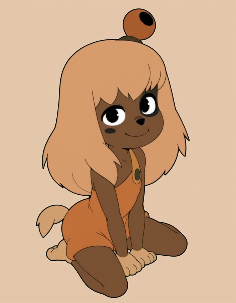 <lora:LilotteIllustrious1.0JLFO:1> lilotte, solo, furry female, 1girl, long hair, dog ears, black eyes, orange overalls, blonde hair, tail, dog girl, smile, hair bell, looking at viewer,,sitting, full body, animal hands, simple background,
