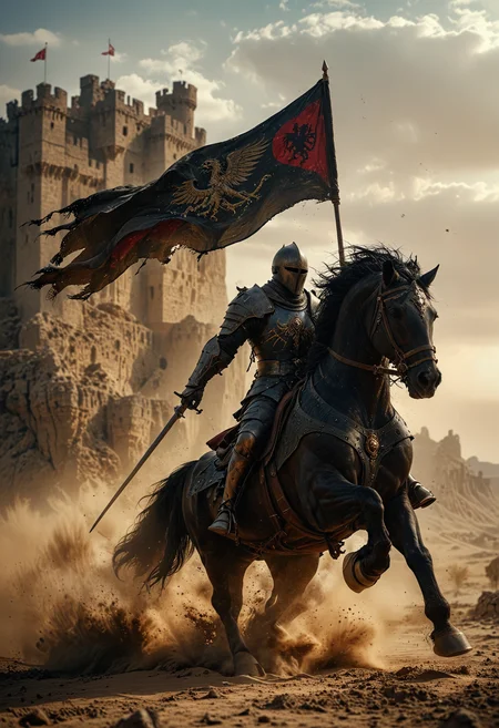 dramatic and intense scene, a valiant knight in full armor charging forward on a powerful black horse across a dusty battlefield, the knight holding a tattered black flag emblazoned with a royal crest, In the background a medieval castle looms against the barren, rocky landscape, high stakes and fierce conflict, Dust billows around the charging horse, emphasizing the speed and urgency of the scene, <lora:MJ52:0.6>, <lora:EpicF4nta5yXL:0.8>, <lora:add-detail-xl:1>, <lora:zavy-cntrst-sdxl:1>