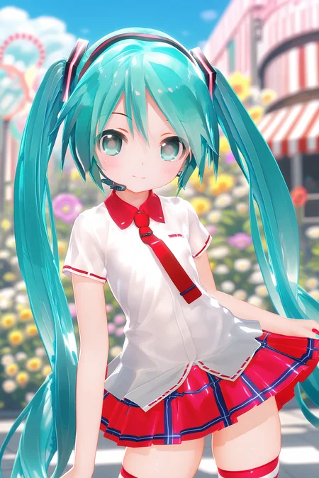 score 9, score 8 up, score 7 up, rating explicit,
detailed background,
sfw, api, solo, skirt, striped thighs, shirt, red necktie, aqua hair, twintails, aqua eyes, detailed eyes,
blush, light smile, <lora:apimiku.pony:1>, outdoors,