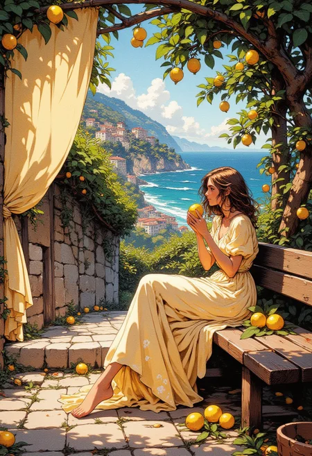Amalfi Coast Lemon Grove – Pastel Buttercream Yellow Dress
"A radiant young woman sits on a rustic wooden bench in a sun-drenched lemon grove on the Amalfi Coast. She wears a flowing pastel buttercream yellow dress with subtle floral patterns, perfectly complementing the vibrant citrus trees around her. A sheer, cream-colored curtain sways with the sea breeze, casting soft shadows on the stone pathway. She holds a freshly picked lemon in her hands, inhaling its bright, refreshing scent as the waves crash against the cliffs in the background."