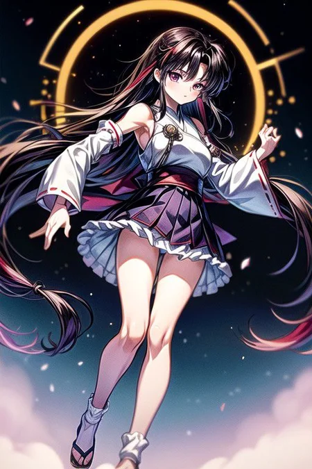 masterpiece, best quality 1girl Setsun4 solo long hair, (night time) forest background black hair very long hair purple eyes multicolored hair armor (fur trim) (medium body),<lora:EMS-179-EMS:0.800000>,<lora:EMS-293862-EMS:0.800000>ascot, bare shoulders, black footwear, detached sleeves, embellished costume, frills, japanese clothes, nontraditional miko, red skirt, sandals, sarashi, skirt, socks, armor, miko