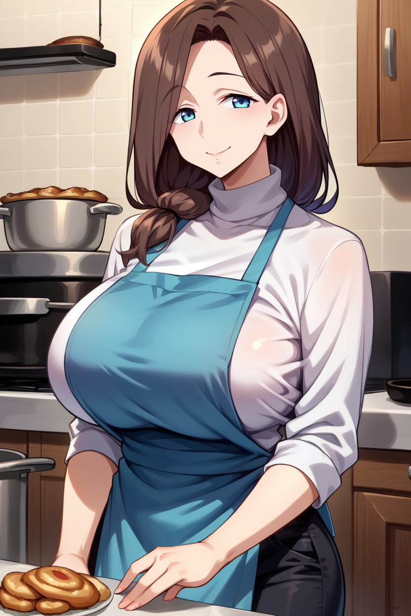 score_9, score_8_up, score_7_up, score_6_up, source_anime, BREAK 1girl, solo,  <lora:aimom-pdxl-nvwls-v1-000005:1> aimom, brown hair, blue eyes, hair over shoulder, mature female, large breasts, white sweater, turtleneck, black pants, blue apron, kitchen, looking at you, smile, happy