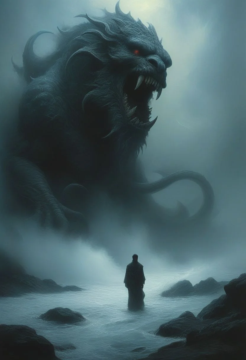 in the style of Michael Whelan and hp Lovecraft, a mythical beast Aqrabuamelu lurking for it's pray, they had just awoken the beast while in hibernation almost and this beast immediately responded by plunging out of the water and eeks obscured by swirling mist, nightmare dream , create a scary backdrop for the kingdom. The air is heavy with an otherworldly stillness, broken only by the ng death and sorrow, scary tension ,end of hopes ,silence, terrifying look, extremely detailed, by Yoji Shinkawa, Aaron Horkey, by Roger Dean, artwork by Beksinski