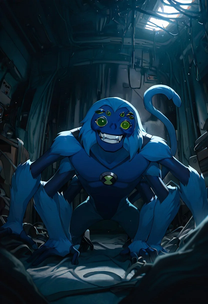 masterpiece, best quality, amazing quality, very aesthetic, absurdres, newest,, detailed background,
spidermonkey, extra eyes, solo, blue skin, extra arms, long blue tail, , green eyes, teeth, blue hair, , teeth, fangs, four arms,
inside messy room, dark room, futuristic room, cinematic, movie scene, smile,