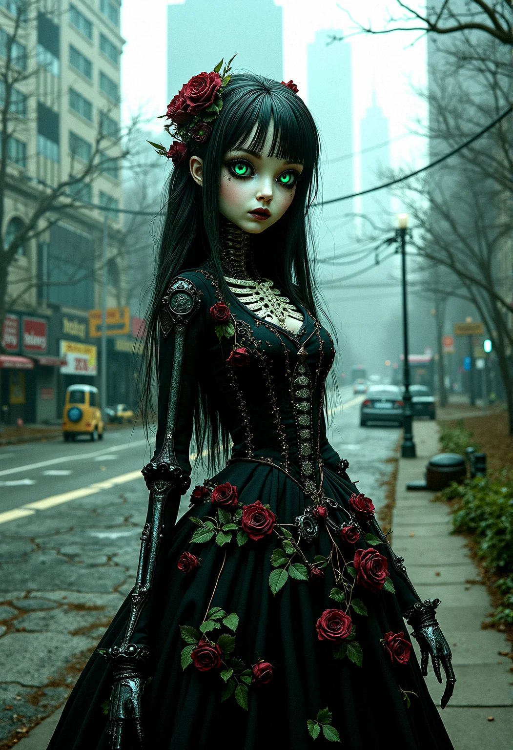 long haired,
A female character with a delicate doll-like face and luminous green eyes, wearing a gothic Victorian dress entwined with roses and vines. She stands in a dimly lit city park, her mechanical skeletal features exposed and intricately detailed with floral patterns. The scene is set against a foggy backdrop of a modern cityscape with towering skyscrapers, cracked pavement, and abandoned vehicles, all captured in extreme realism with a 35mm camera filter.