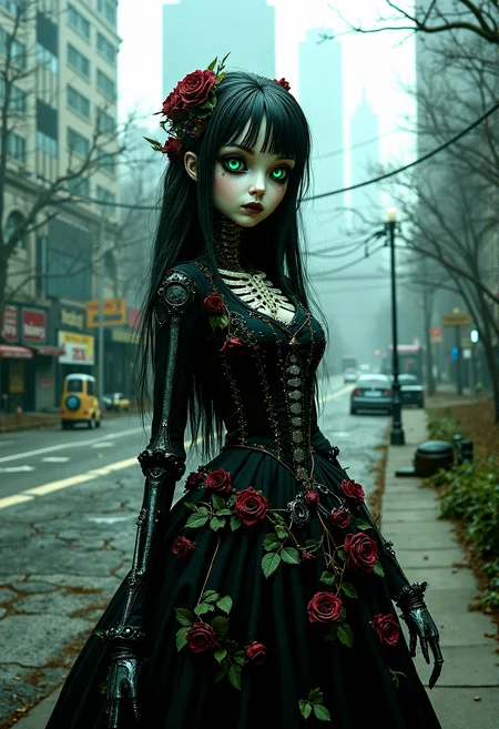 long haired,
A female character with a delicate doll-like face and luminous green eyes, wearing a gothic Victorian dress entwined with roses and vines. She stands in a dimly lit city park, her mechanical skeletal features exposed and intricately detailed with floral patterns. The scene is set against a foggy backdrop of a modern cityscape with towering skyscrapers, cracked pavement, and abandoned vehicles, all captured in extreme realism with a 35mm camera filter.