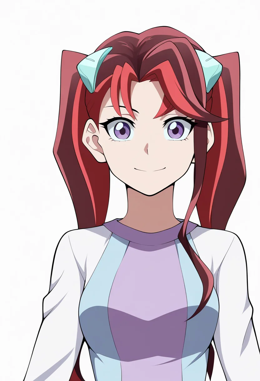best quality, amazing quality, very aesthetic, absurdres, thick lineart,
1girl, ray akaba, red hair, twintails, hair ornament, purple eyes, long hair,
dress,
upper body,
smile, looking at viewer, solo, simple background, white background, <lora:RayAkabaNoobXL_byKonan:1>