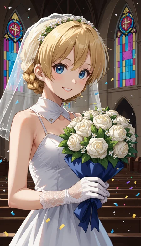 score_9, source_anime,
<lora:Gup Darjeeling:1> 1girl, blue eyes, blonde hair, braid, short hair, twin braids,
indoors, church, stained glass, whie veil, laced gloves, upper body, close portrait church, holding bouquet, (confetti:1.1), smile, white dress, wedding dress, church, holding bouquet, (confetti:1.1)