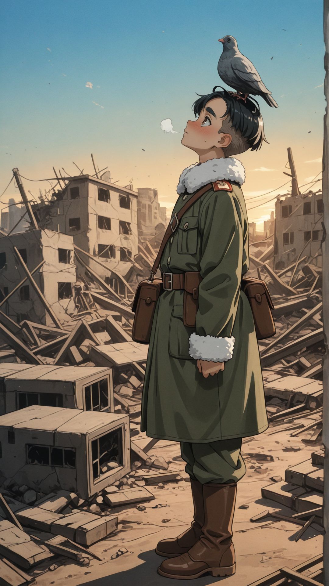 masterpiece, best quality, (anime coloring:1.2), painterly, (watercolor effect:1.3), lineart,  
1boy, short hair, black hair, tousled hair, undercut hair, ahoge, thick eyebrows, brown eyes, detailed eyes, nose blush, military outfit, long military coat, closed coat, fur trim, brown belt, crossbody bag, brown satchel, brown boots, military boots, full body, from side, looking up, heavy breathing, pigeon on head, sunset, blue sky, world war ii,  destroyed buildings, ruins, wasteland, <lora:add-detail-xl:1>