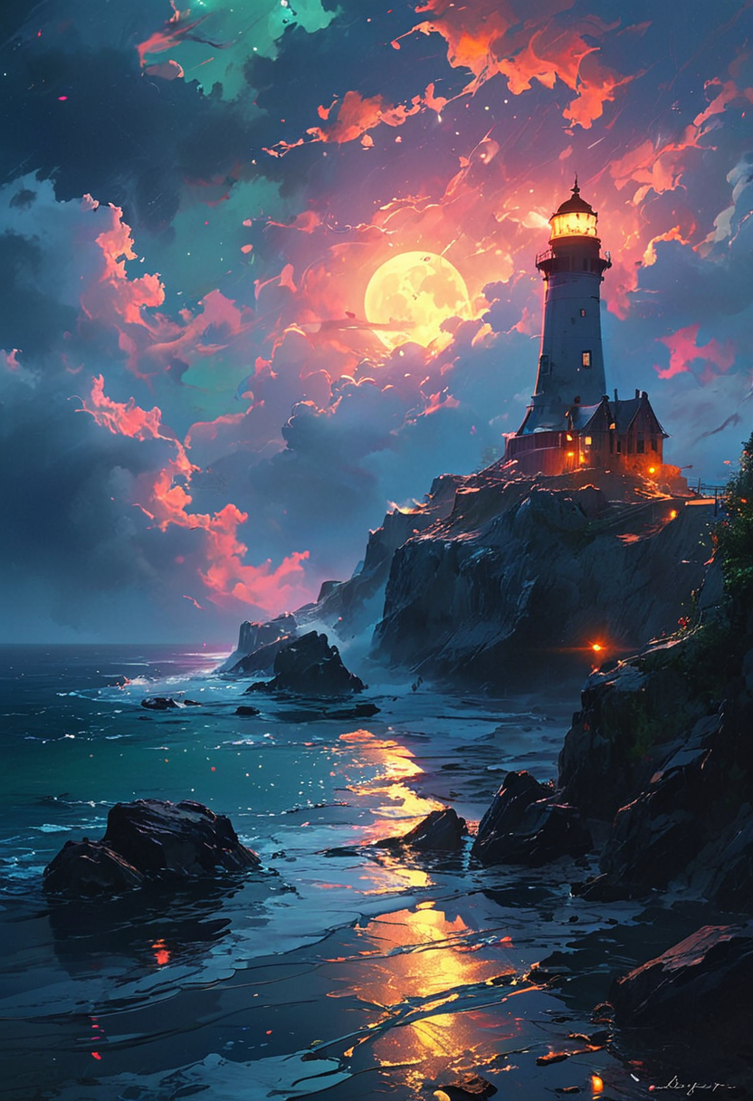 Under the eerie glow of a full moon, a dark and ominous landscape unfolds. A vibrant, colorful ship stands by the edge of a serene ocean, its vivid hues contrasting starkly with the foreboding atmosphere. In the background, a lighthouse stands atop jagged rocks, its light cutting through the darkness and reflecting off the ocean's surface, glistening in the moonlight. Thick, swirling clouds loom overhead, adding to the sense of an evil presence. The moonlight filters through the clouds, casting an otherworldly glow over the scene. A falling star streaks across the sky, adding a touch of mysticism to the night. The air is thick with a sense of ancient secrets and dark magic, as if the very night is alive with hidden power.  [romantic impressionism,dream scenery art,beautiful oil matte painting,romantic,style of thomas kinkade,beautiful digital painting,anime landscape,romantic painting,dreamlike digital painting,colorful painting,beautiful gorgeous digital art,style of greg rutkowski,janek sedlar,jenny saville:0]  <lora:vivid_everclear:0.6>  <lora:Sinozick:1>  <lora:MJ52:0.75>