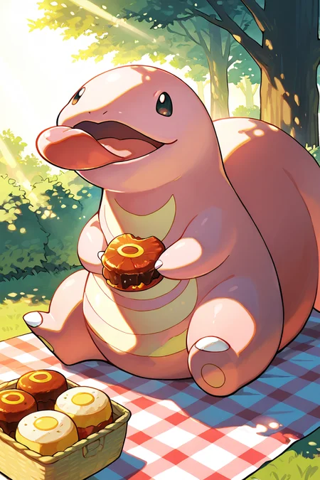 masterpiece, best quality, Lickitung, no humans, pokemon (creature), solo, <lora:LickitungPokedexIXL:1.0>, sitting on a picnic blanket, surrounded by food, playful expression, glowing afternoon sunlight, warm and cozy atmosphere, vibrant and fun, detailed
