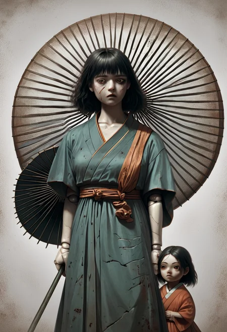 score_9, score_8_up, score_7_up, score_6_up, easynegative, masterpiece, the highest, perfecteyes, brown eyes, girl, kimono ,black hair, scythe,umbrella in hand,jewelry,geisha , fear, facial cracks,tears,porcelain body,doll,doll joints