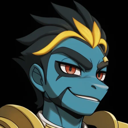 <lora:pokemon_pony_xl:1.0>, character, fake pokemon, ken sugimori art style, a cartoon monkey character with a spiky yellow flame-like hairstyle and intense red eyes with narrow black pupils. It features a large smile with uneven white teeth, blue skin, and a hint of facial hair above the upper lip. The character is wearing a costume with a blue and gold color scheme, including a high white collar and gold shoulder pads. The background is a muted gray tone.., score_9, score_8_up, (Masterpiece:1.3) (best quality:1.2) (high quality:1.1)