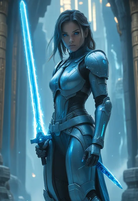 1woman, heavy scifi armor, Holding Plasma Sword, blue plasma sword, temple background,