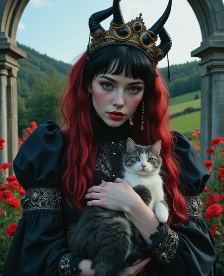 imagine an image in the style of cinematic photorealism. hyper realistic professional photography of an mystic (evil queen:1.2) with creepy whimsical elements and red and black hair, holding a cute cat in arms, eerie fairytale landscape, elaborate fantasy style art, very colorful, intricate details, ultra sharp, exquisite detail, flawless composition, vivid colors, masterpiece, exciting background, realism, 8k, film still <lora:Cinematic_Dark_Cottagecore_Flux_Edition:1> dc-flux with a slight melancholic undertone