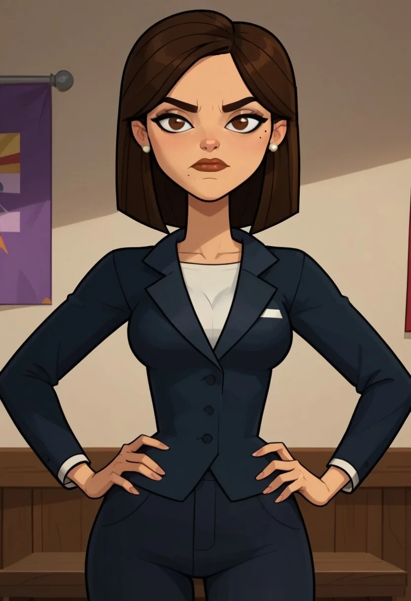 ((room background)),score_9, score_8_up, score_7_up,score_6_up,
1girl, solo, Amelie_DC, medium tan skin, brown eyes, dark brown hair, medium straight hair, hairstyle bob cut, white pearl earrings, dark blue female business jacket, white undershirt, dark blue female business pants, black high-heels, small black mole, big eyes, cute, tall stature, perfect eyes, perfect serious, looking at the viewer, detailed eyes, perfect eyes, standing, big breasts (front pose, bust shot) five fingers, perfect hands, hands on hips