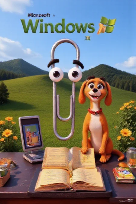 (masterpiece, absurdres, best quality,) perfection style, mvpstr, poster for a 3-D animated Disney-Pixar movie, title is "Microsoft Windows XP", clippy, a paperclip with big eyes at the center, smug, looking up, next to a dog with his tongue out yellow fur red collar and long floppy ears sitting and holding a open book, behind laptop, in front of the Bliss background, green hill, clouds, yellow flowers, no humans