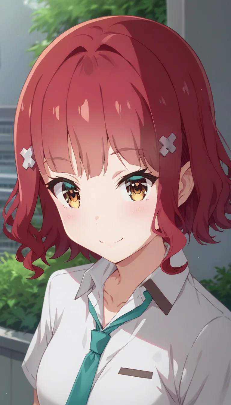 score_9,score_8_up,score_7_up,score_6_up BREAK official art,solo,outdoors,upper body,(portrait:1.5),looking at viewer,facing viewer,smile,blush,Narasaka Maya,short hair,red hair,curly hair,x hair ornament,blunt bangs,brown eyes,collarbone,school uniform,white shirt,dress shirt,collared shirt,green necktie,short sleeves,medium breasts,skindentation,miniskirt,black skirt,pleated skirt,zettai ryouiki,black thighhighs,loafers,brown footwear,<lora:Narasaka Maya(gs)-Pony:1.6>,