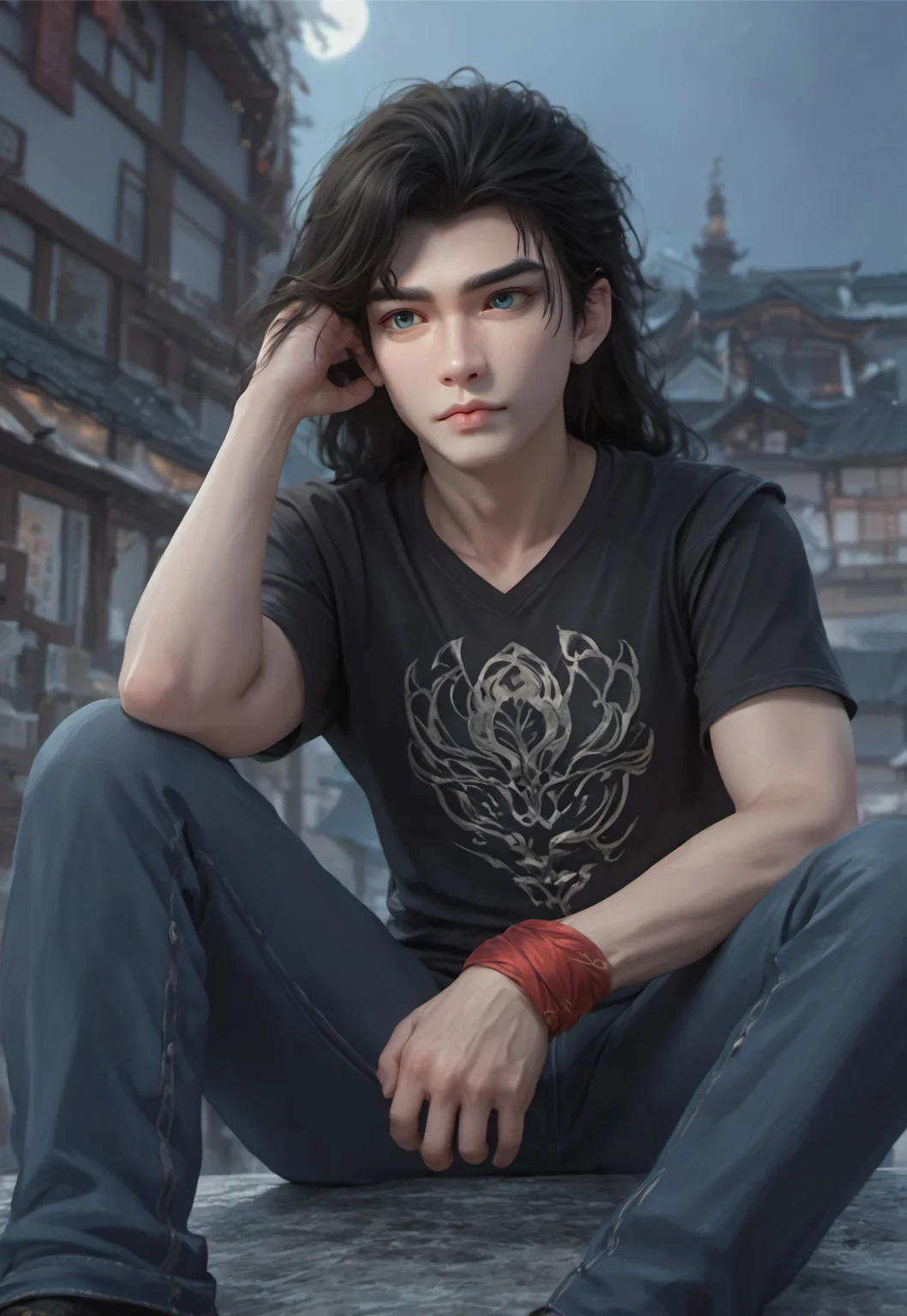 score_9, score_8_up, score_7_up, one adult man, shihao, 1boy, solo, black hair, blue eyes, flowing hair, realistic, portrait, focus on face