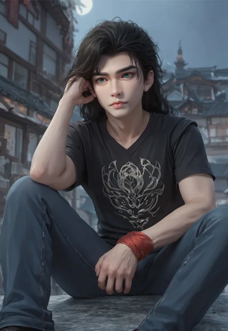  score_9, score_8_up, score_7_up, one adult man, shihao, 1boy, solo, black hair, blue eyes, flowing hair, realistic, portrait, focus on face