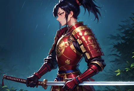 score_9, score_8_up, score_7_up, side profile, 1boy, femboy, otoko no ko, ponytail, rain, black hair, brown eyes, feminine face, toned body, highly detailed, intricate, zzCitronCAT, contrapposto, modelshoot, solo, half-swording, one hand on blade, holding sword, samurai, armor, gloves,