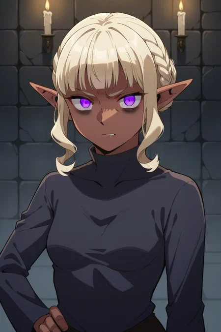 score_9, score_8_up, score_7_up, source_anime, 1girl, prefect lighting, very aesthetic, intricate details, highly detailed background, masterpiece, high quality, prefect hands, best quality, solo,
<lora:Thistle_Dungeon_Meshi_V1_r2-000007:.85>, pointy ears, light red skin, dark-skinned female, dark skin, purple eyes, cream hair, blunt bangs, sidelocks, braid, hair bun, bags under eyes, glowing eyes,
long sleeve, black poncho,
tired, standing, hand on own hip, from front, POV, disgust, clinch teeth,
dungeon, stone wall, dark, candles, dimly lit,
(Beautiful, small Breasts:1.2), natural breasts,