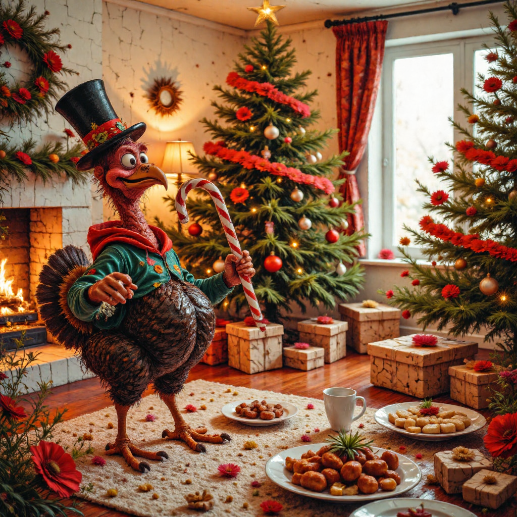 A photorealistic Christmas room full of Christmas food. Under the tree a christmas turkey dancing with a candy cane. There is a fancy hat on his head and wears an ungly christmas hoodie.