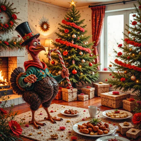 A photorealistic Christmas room full of Christmas food. Under the tree a christmas turkey dancing with a candy cane. There is a fancy hat on his head and wears an ungly christmas hoodie.