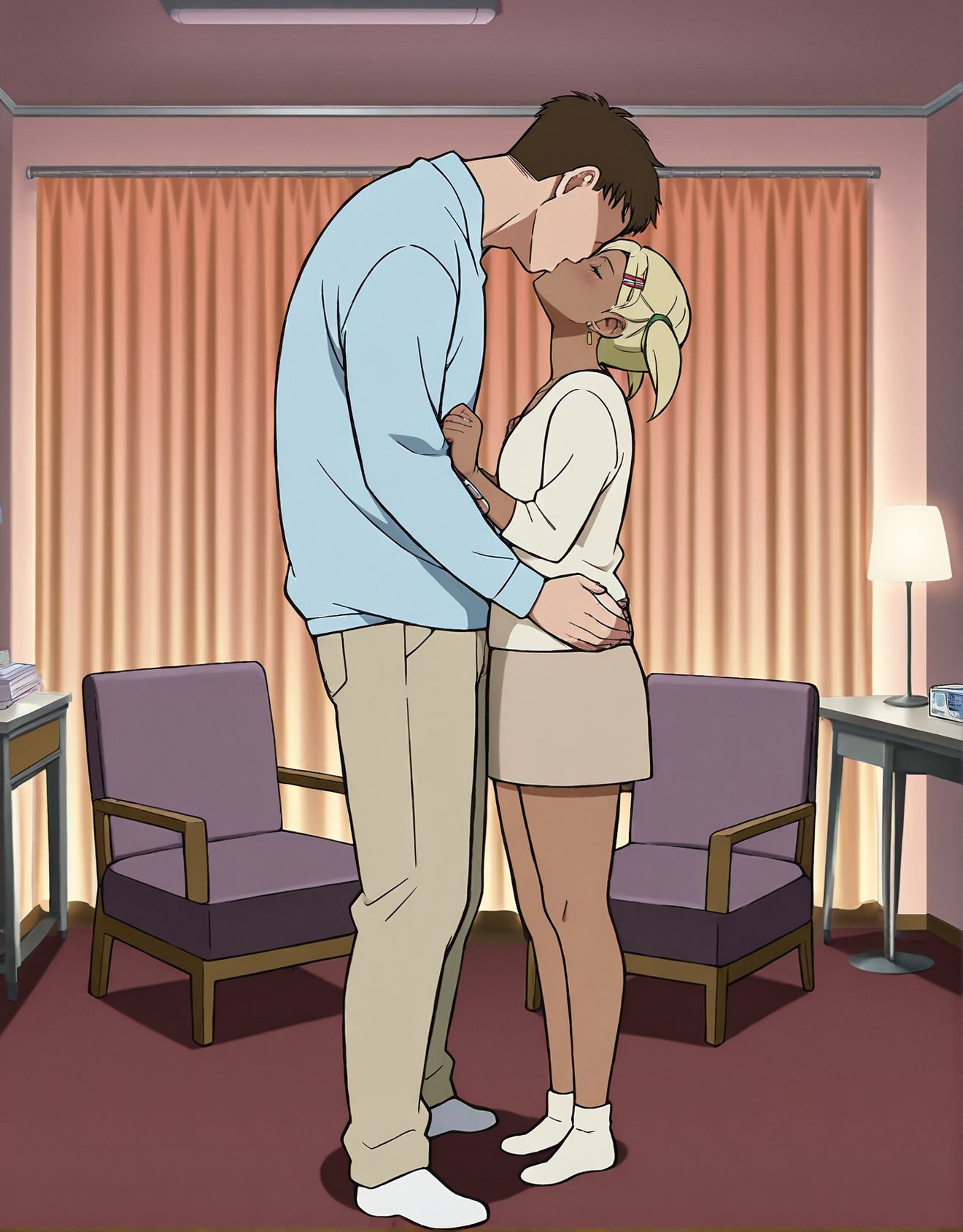masterpiece,best quality,anime coloring,anime screenshot,
<lora:add-detail-xl:0.5>
<lora:MukoDanda_LW:0.8>, MukoDanda_LW, dark skin, 
dark-skinned female, blonde hair, earrings, twintails, hairclip, brown eyes, short twintails,
love hotel, 
<lora:petite_woman:0.8>,petite_womanV1,
1girl,kiss,1boy,
hetero,closed eyes,
huge guy,
petite woman,
kiss,chair,petite woman, 
(female standing on chair),
(size difference:1.4) ,
height difference, full body, 
dandadan, official art,  
20YO,adult couple,milf, white male, faceless male,