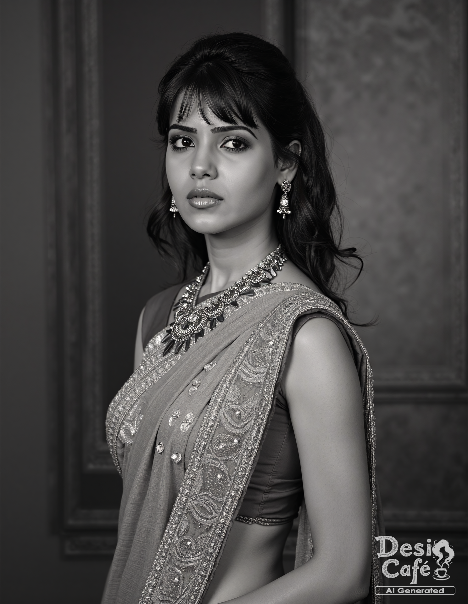 vintage greyscale photo of Samantha Ruth Prabhu woman, hyper realistic photo that is safe for work, serious, studio quality image, well dressed wearing intricate sleevelessKanjeevaram Silk Saree, hair styled as bangs,muted shaded wallpaper background that contrasts with the person, cinematic lighting,âââââ <lora:Samantha_Ruth_Prabhu_Flux_Kohya_V1-000001:0.8>âââ
