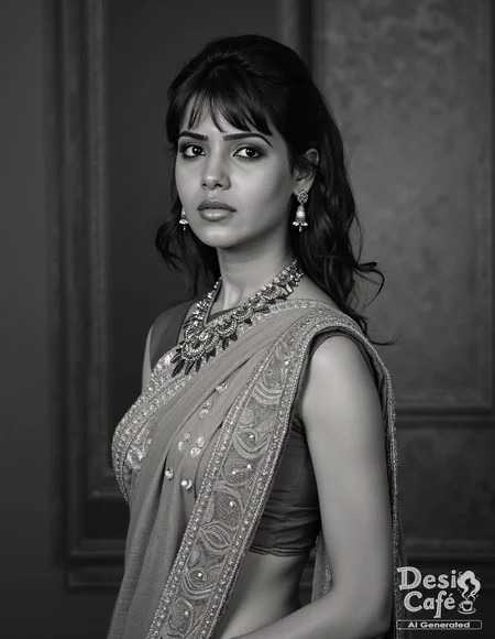 vintage greyscale photo of Samantha Ruth Prabhu woman, hyper realistic photo that is safe for work, serious, studio quality image, well dressed wearing intricate sleevelessKanjeevaram Silk Saree, hair styled as bangs,muted shaded wallpaper background that contrasts with the person, cinematic lighting,âââââ <lora:Samantha_Ruth_Prabhu_Flux_Kohya_V1-000001:0.8>âââ