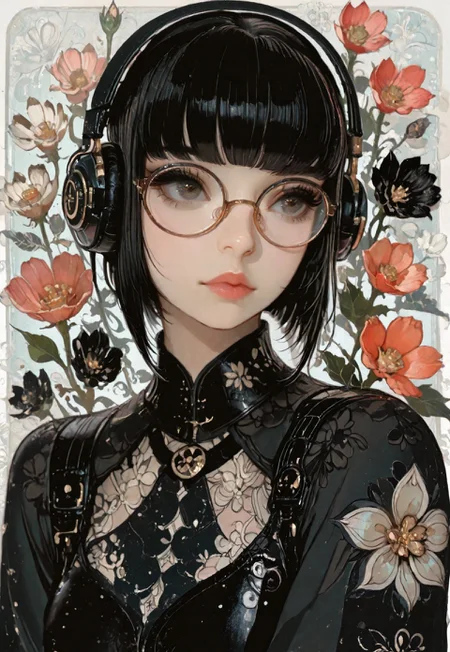 1girl, solo, short hair, black hair, upper body, flower, glasses, blunt bangs, lips, headphones, round eyewear
