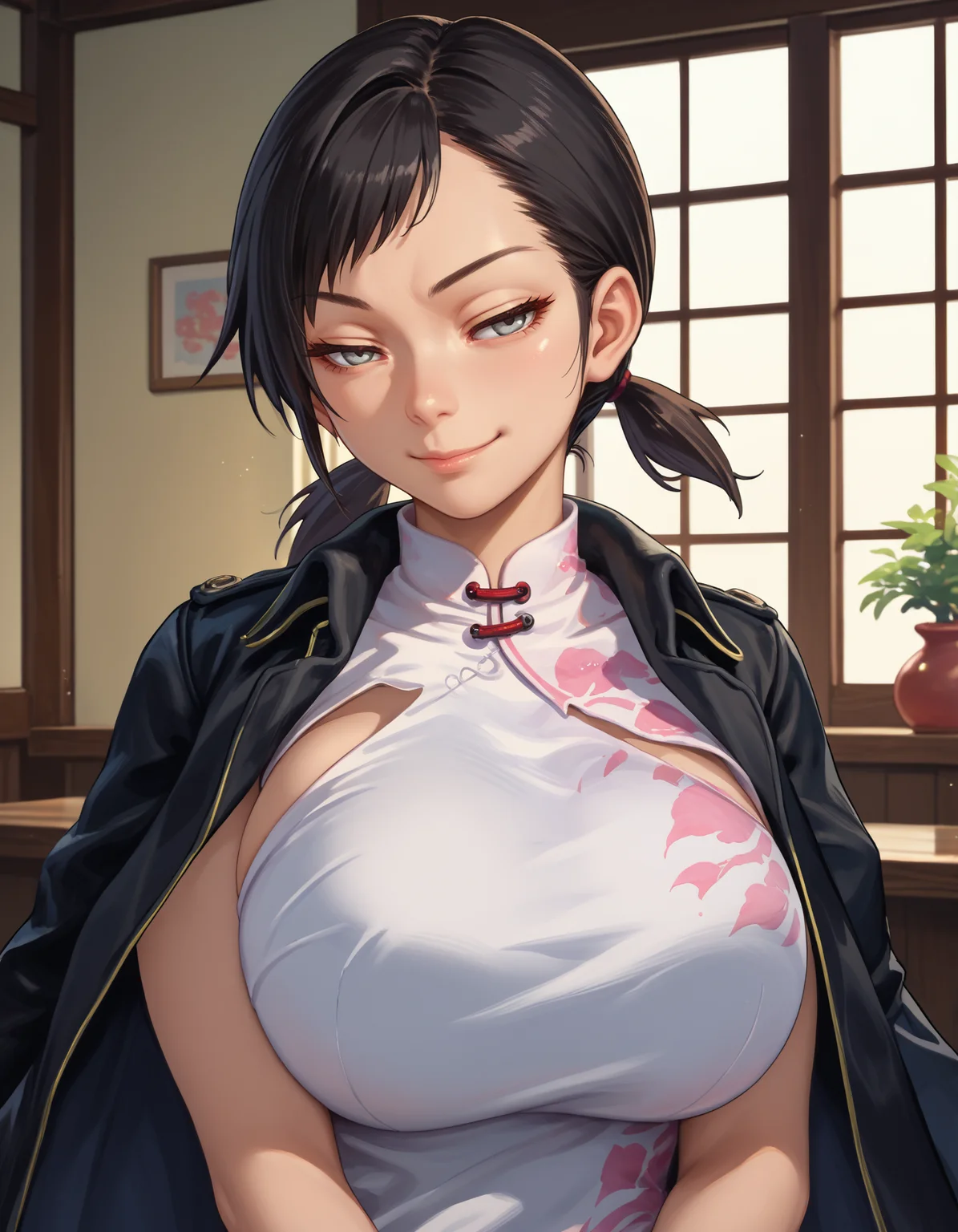 score_9, score_8_up, score_7_up,score_6_up source_anime
FuCi, black hair,jacket on shoulders, low twintails,short twintails,white china dress, grey eyes,
1girl,huge breasts ,smirk,indoors,upper body,
<lora:kanno_fumi-koto-PonyXL:1>