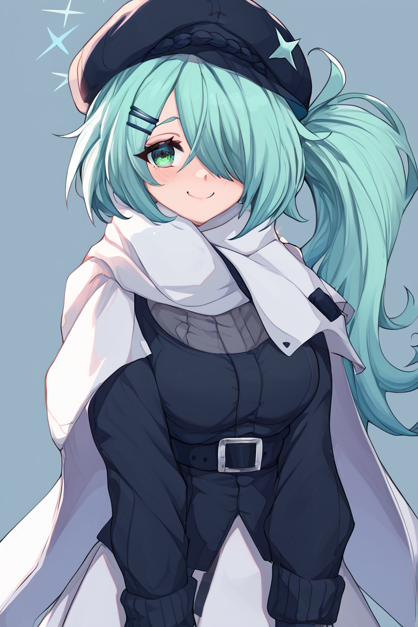 score_9, score_8_up, score_8, medium breasts, (curvy), cute, eyelashes,       BREAK, , ,,,  zzHiyori, long hair, hair over one eye, side ponytail, hairclip, hair ornament, aqua hair, green eyes, black headwear, hat, cabbie hat, long sleeves, white skirt, belt, white scarf, <lora:Hiyori_BlueArchive_PDXL_v2:0.8>,   ,,,, BREAK, <lora:Afrobull_PDXL_v5:0.8>,  ,,, BREAK, smile, looking at viewer, closed mouth, cowboy shot,  ,,, embedding:zPDXL, Expressiveh, ,,, <lora:SDXLFaeTastic2400:0.5>, <lora:Expressive_H-000001:0.4>,