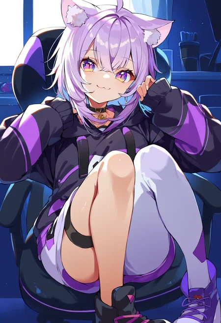 score_9, score_8_up, score_7_up, score_6_up, source anime,
nekomata okayu, nekomata okayu default, animal ear fluff, black hoodie, onigiri print, asymmetrical legwear, white pants,
smile, :3, looking at viewer,
full body, sitting, knees up, gaming chair,
indoors, backlighting
<lora:nekomata_okayu_v2:1>