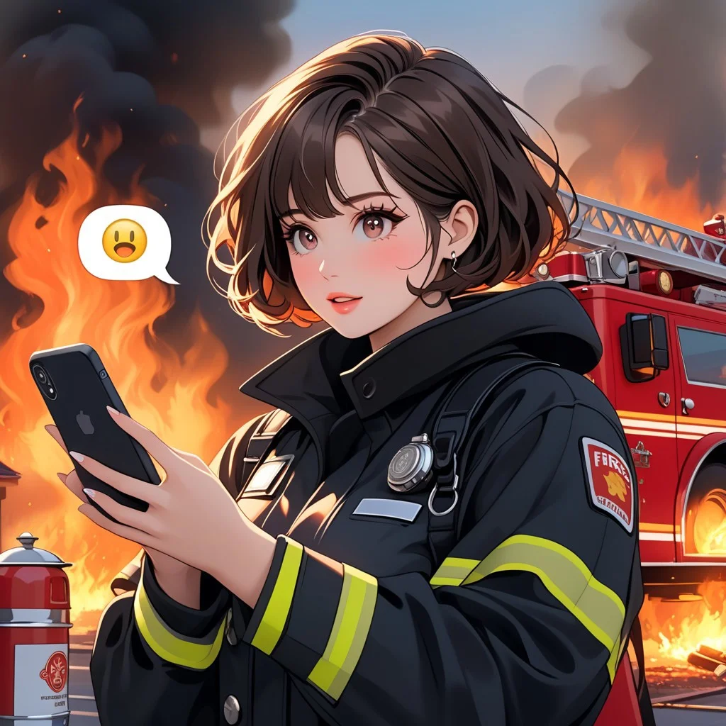 masterpiece,highres,best quality,best aesthetic, intriguing details, aaSKTm1n1,B0Y1E, solo,1woman, blush,short hair,drinking coffee, fireman uniform, standing in front of a house on fire,outdoor,firetruck, texting, emoji, speech bubble, phone,