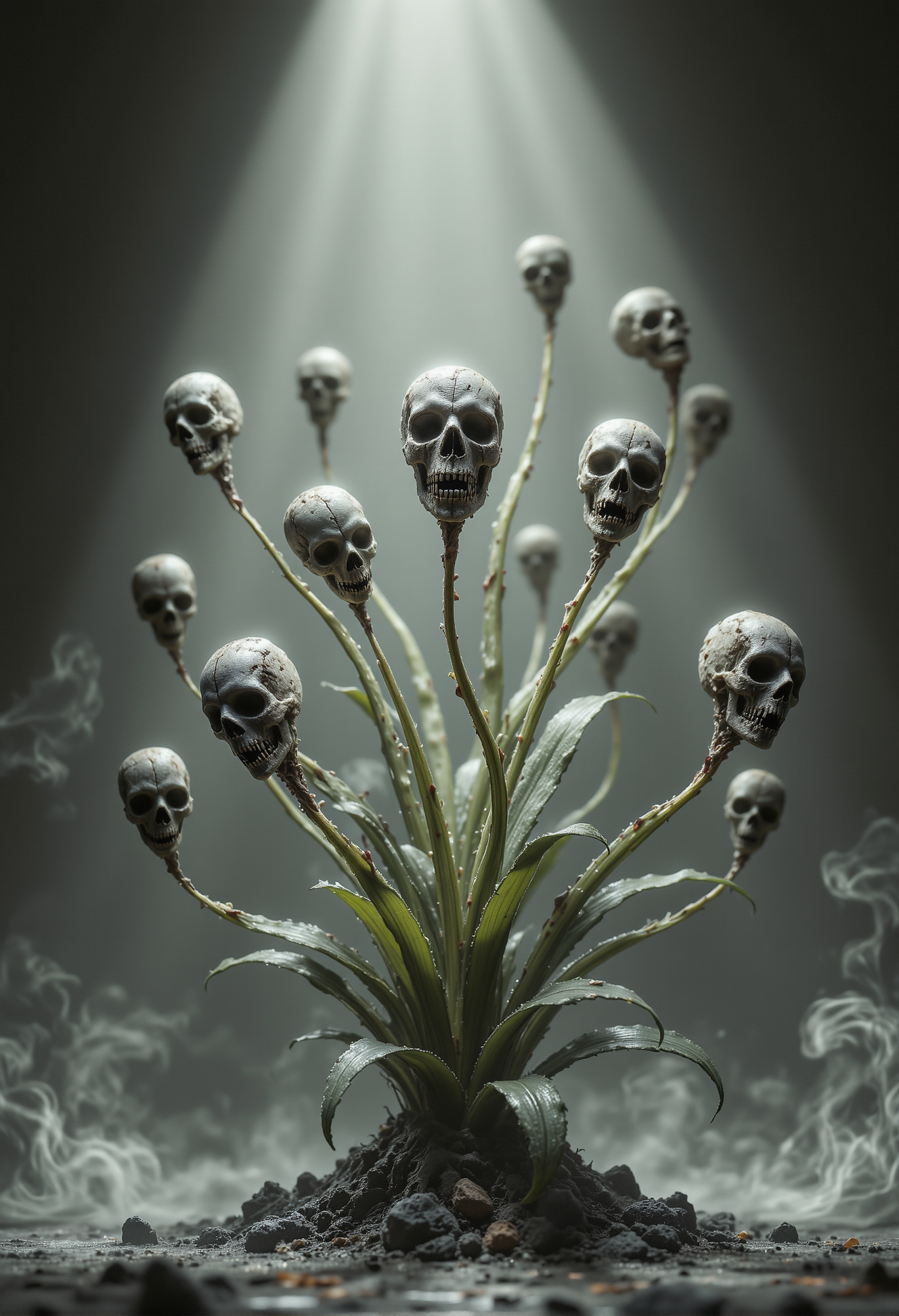 A surreal composition featuring a "skull plant," its delicate stems branching out into small, intricate flowers, each shaped like a tiny, detailed organic human skull. The plant is placed against a minimalistic, smooth background in a muted tone, ensuring full focus on the eerie beauty of the subject. A single spotlight from above casts soft, dramatic lighting, highlighting the intricate textures of the skull flowers and the glossy sheen of the plant's leaves, creating subtle shadows that add depth and dimension to the scene. The overall atmosphere is hauntingly serene, blending nature with a macabre twist. <lora:black_fantasy.safetensors:0.75>,  <lora:aidmaFLUXPro1.1-FLUX-v0.3.safetensors:1.0>,
