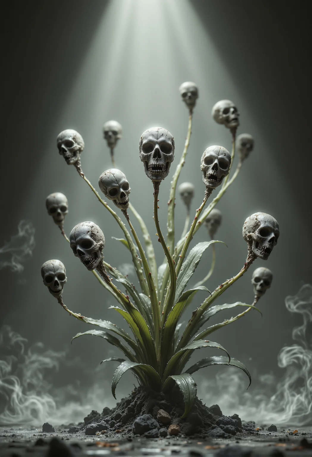 A surreal composition featuring a "skull plant," its delicate stems branching out into small, intricate flowers, each shaped like a tiny, detailed organic human skull. The plant is placed against a minimalistic, smooth background in a muted tone, ensuring full focus on the eerie beauty of the subject. A single spotlight from above casts soft, dramatic lighting, highlighting the intricate textures of the skull flowers and the glossy sheen of the plant's leaves, creating subtle shadows that add depth and dimension to the scene. The overall atmosphere is hauntingly serene, blending nature with a macabre twist. <lora:black_fantasy.safetensors:0.75>, <lora:aidmaFLUXPro1.1-FLUX-v0.3.safetensors:1.0>,