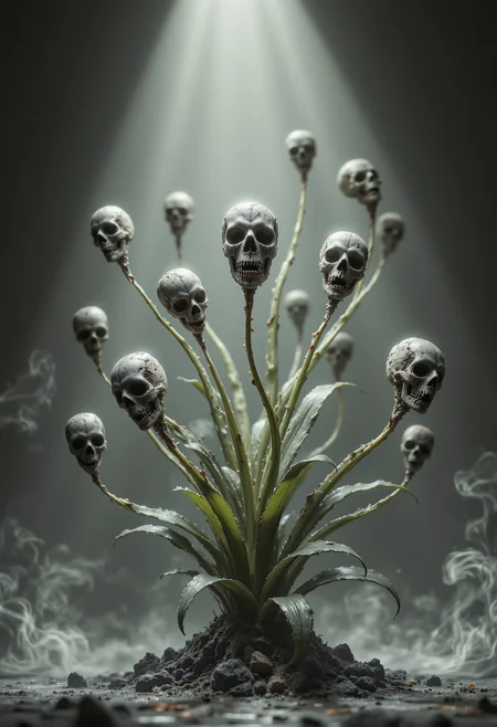 A surreal composition featuring a "skull plant," its delicate stems branching out into small, intricate flowers, each shaped like a tiny, detailed organic human skull. The plant is placed against a minimalistic, smooth background in a muted tone, ensuring full focus on the eerie beauty of the subject. A single spotlight from above casts soft, dramatic lighting, highlighting the intricate textures of the skull flowers and the glossy sheen of the plant's leaves, creating subtle shadows that add depth and dimension to the scene. The overall atmosphere is hauntingly serene, blending nature with a macabre twist. <lora:black_fantasy.safetensors:0.75>, <lora:aidmaFLUXPro1.1-FLUX-v0.3.safetensors:1.0>,