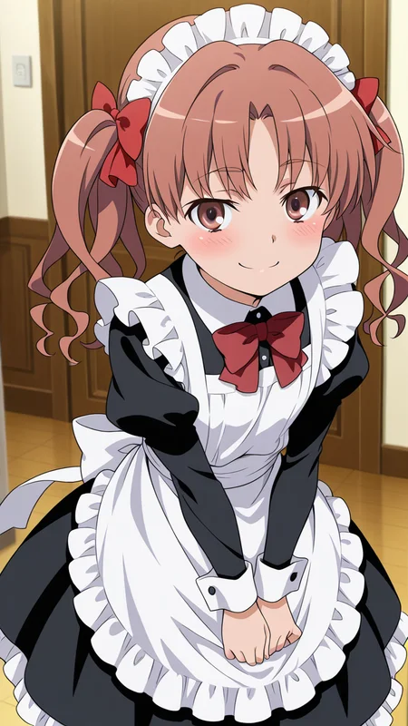 solo, smile, blush,, masterpiece, best quality, amazing quality, very aesthetic, absurdres, newest, anime screencap, <lora:shiraikurokoILM:1>, shirai kuroko, twintails, brown hair, red bow, hair bow, hair ribbon, long hair, wavy hair, brown eyes,, maid, maid apron, frills, frilled dress, black dress, maid headdress, modern house,