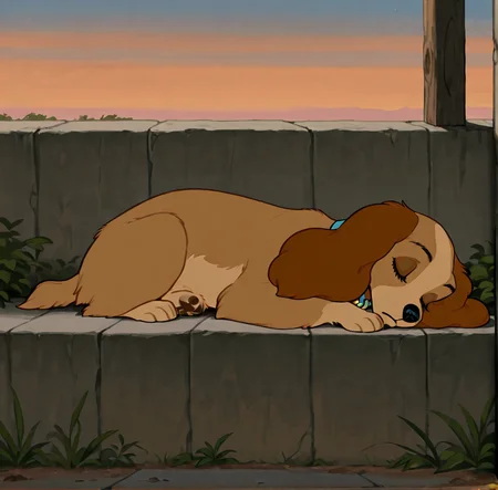 masterpiece, 4k, absurd res, detailed, highest quality, cocker spaniel, solo, closed eyes, brown hair,, standing, full body, outdoors, sky, collar, bell, animal, animal focus, animalization, domestic dog, lady \(ladyandthetramp\), dog ear, animal nose, dog, no humans, (sleeping:1.2), <lora:lattladyillustrious:1>, laying down