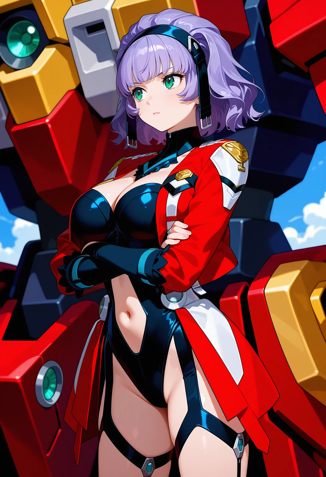 best quality, masterpiece, 1girl, aaaqua, medium hair, purple hair, black hairband, green eyes, black collar, cleavage, black leotard, cropped jacket, red jacket, long sleeves, elbow gloves, bridal gauntlets, navel cutout, waist cape, garter straps, thigh strap, <lora:aqua_centolm_ilxl_v1:0.9>, standing, cowboy shot, crossed arms, robot, mecha,