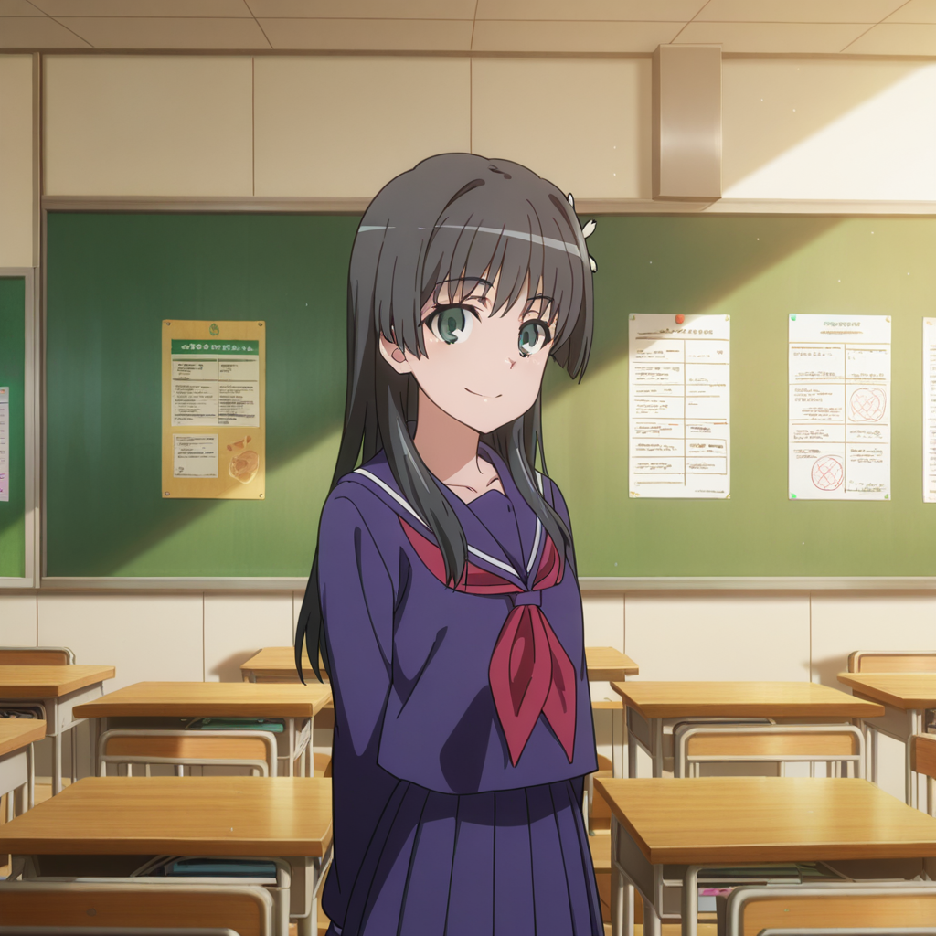 nsfw, masterpiece, best quality, amazing quality,1girl, solo, index_railgun_saten_ruiko, standing, smile, sakugawa school uniform, winter uniform, black hair, green eyes, long hair, blue serafuku, blue pleated skirt, long sleeves, blue sailor collar, hair ornament, hair flower, red neckerchief, looking at viewer, bangs, classroom, <lora:Saten_Ruiko_-_Index_Railgun:0.7>
